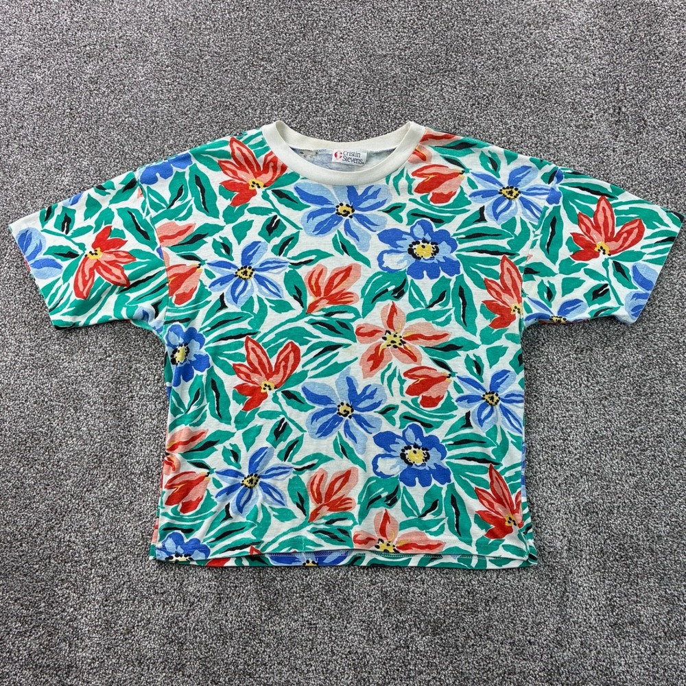 Vintage Cristin Stevens Floral Shirt Women's M Cropped Flowers All Over Print‎